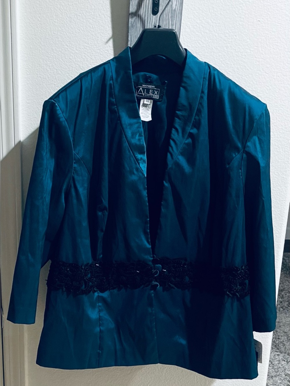 Alex Evenings Teal Stretch Tafeta Evening Jacket with Black Lace Waist
